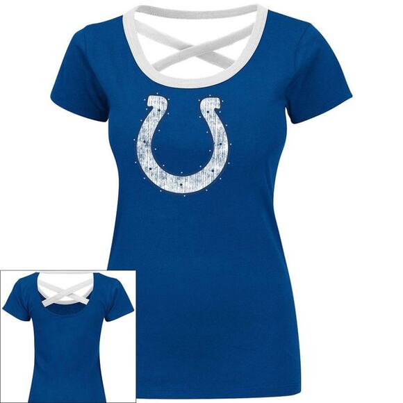 Indianapolis Colts Tee T Shirt Top Bling Cross Back NFL Football Open Back Sz S - Picture 1 of 2